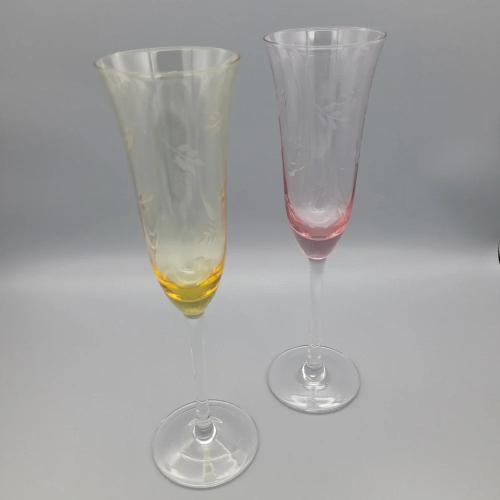 Vintage Block Crystal Champagne Flutes Pair Etched Pink‎ Amber Wedding New Years